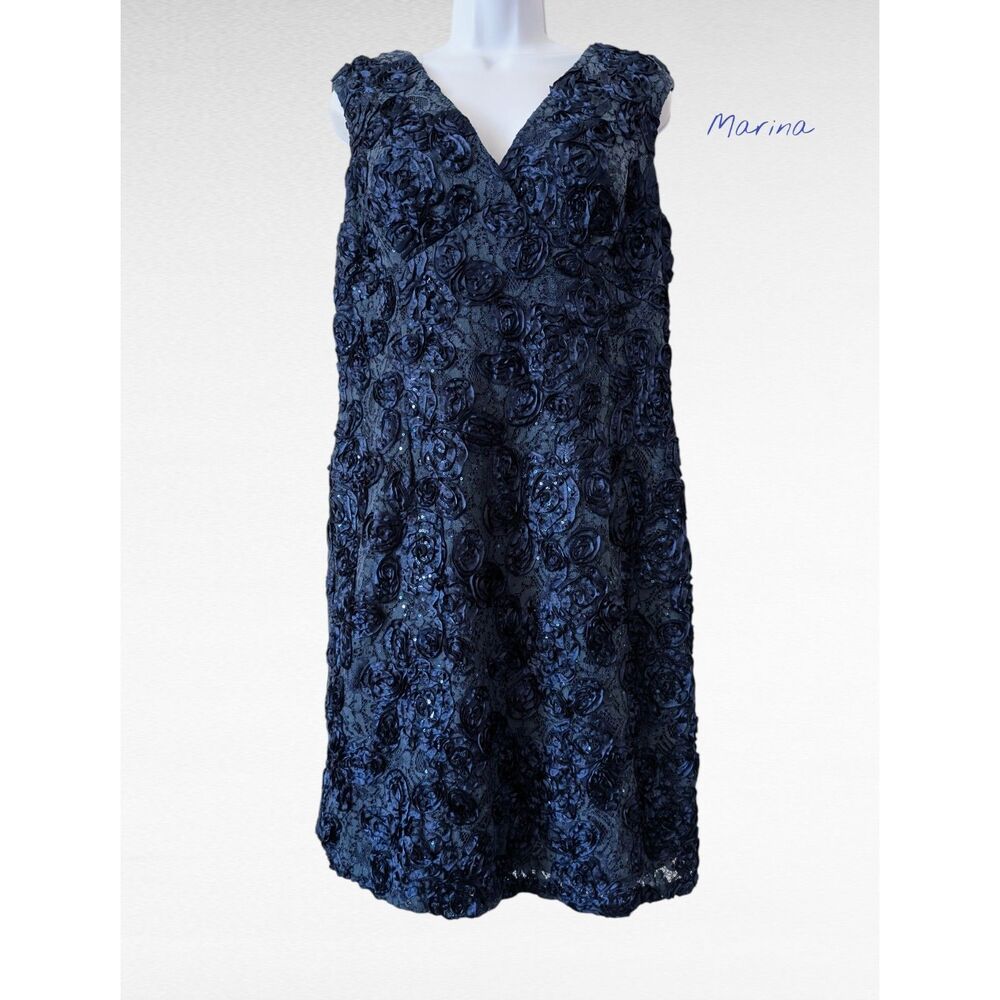 Marina Navy Blue Lace Sequin Rosette Dress 12 Sleeveless V-Neck Formal